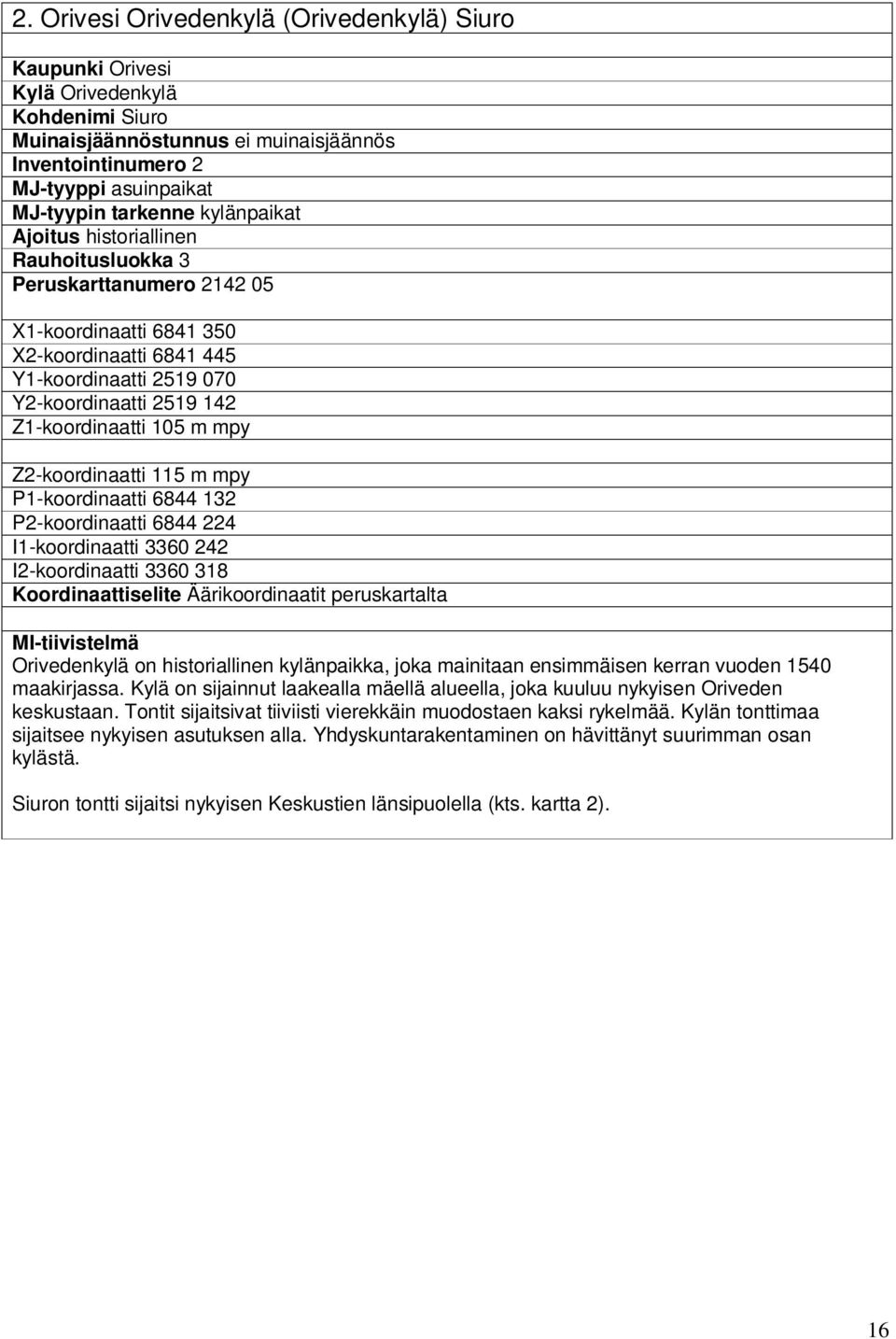 m mpy Z2-koordinaatti 115 m mpy P1-koordinaatti 6844 132 P2-koordinaatti 6844 224 I1-koordinaatti 3360 242 I2-koordinaatti 3360 318 Koordinaattiselite Äärikoordinaatit peruskartalta MI-tiivistelmä