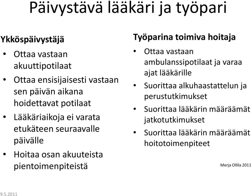 pientoimenpiteistä Työparina toimiva hoitaja Ottaa vastaan ambulanssipotilaat ja varaa ajat lääkärille Suorittaa