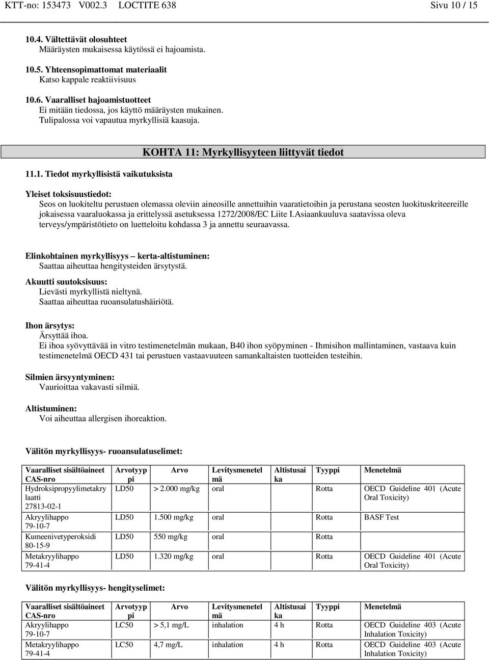 .1. Tiedot myrkyllisistä vaikutuksista KOHTA 11: Myrkyllisyyteen liittyvät tiedot Yleiset toksisuustiedot: Seos on luokiteltu perustuen olemassa oleviin aineosille annettuihin vaaratietoihin ja