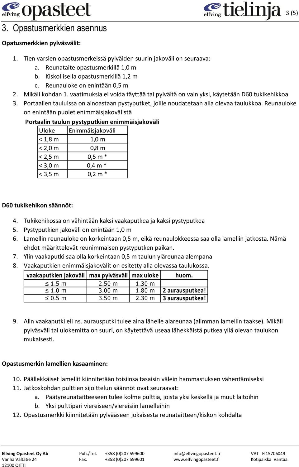 Portaalien tauluissa on ainoastaan pystyputket, joille noudatetaan alla olevaa taulukkoa.