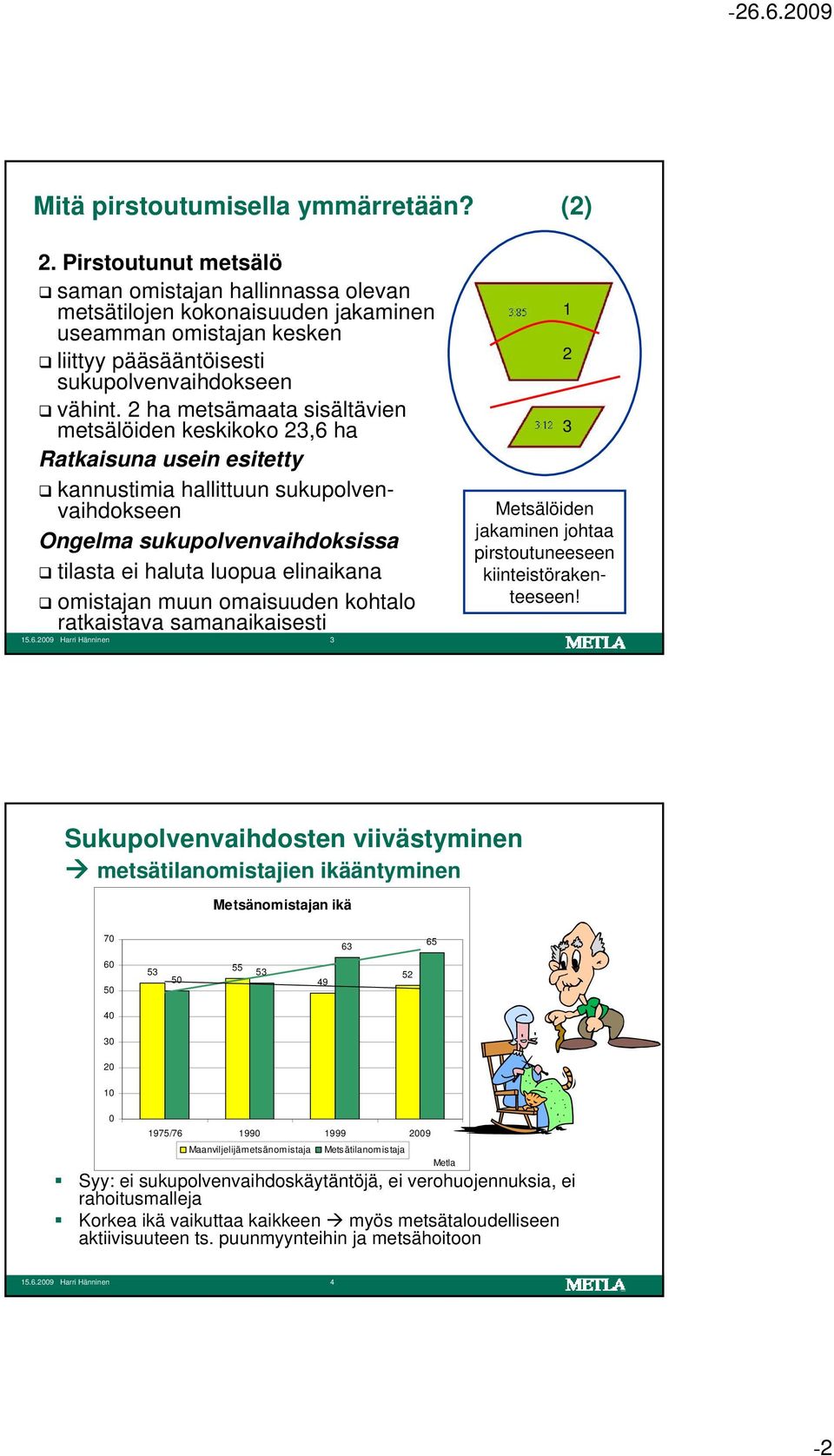 2 ha metsämaata sisältävien metsälöiden keskikoko 23,6 ha Ratkaisuna usein esitetty kannustimia hallittuun sukupolvenvaihdokseen Ongelma sukupolvenvaihdoksissa tilasta ei haluta luopua elinaikana