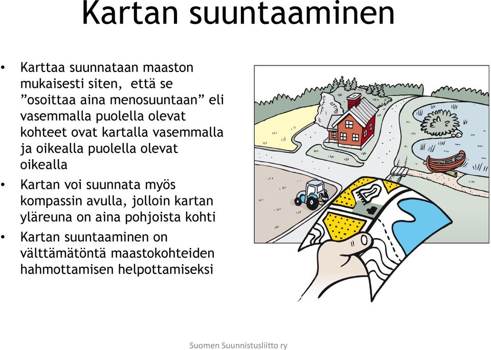 Kartan voi suunnata myös kompassin avulla, jolloin kartan yläreuna on aina pohjoista kohti Kartan