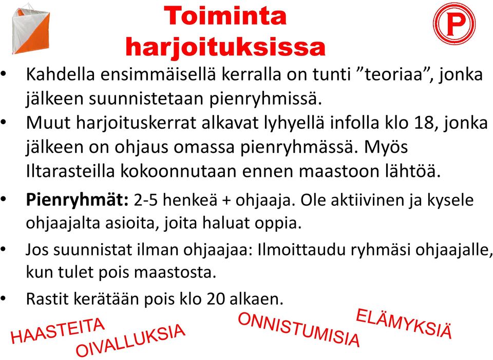 Myös Iltarasteilla kokoonnutaan ennen maastoon lähtöä. Pienryhmät: 2-5 henkeä + ohjaaja.