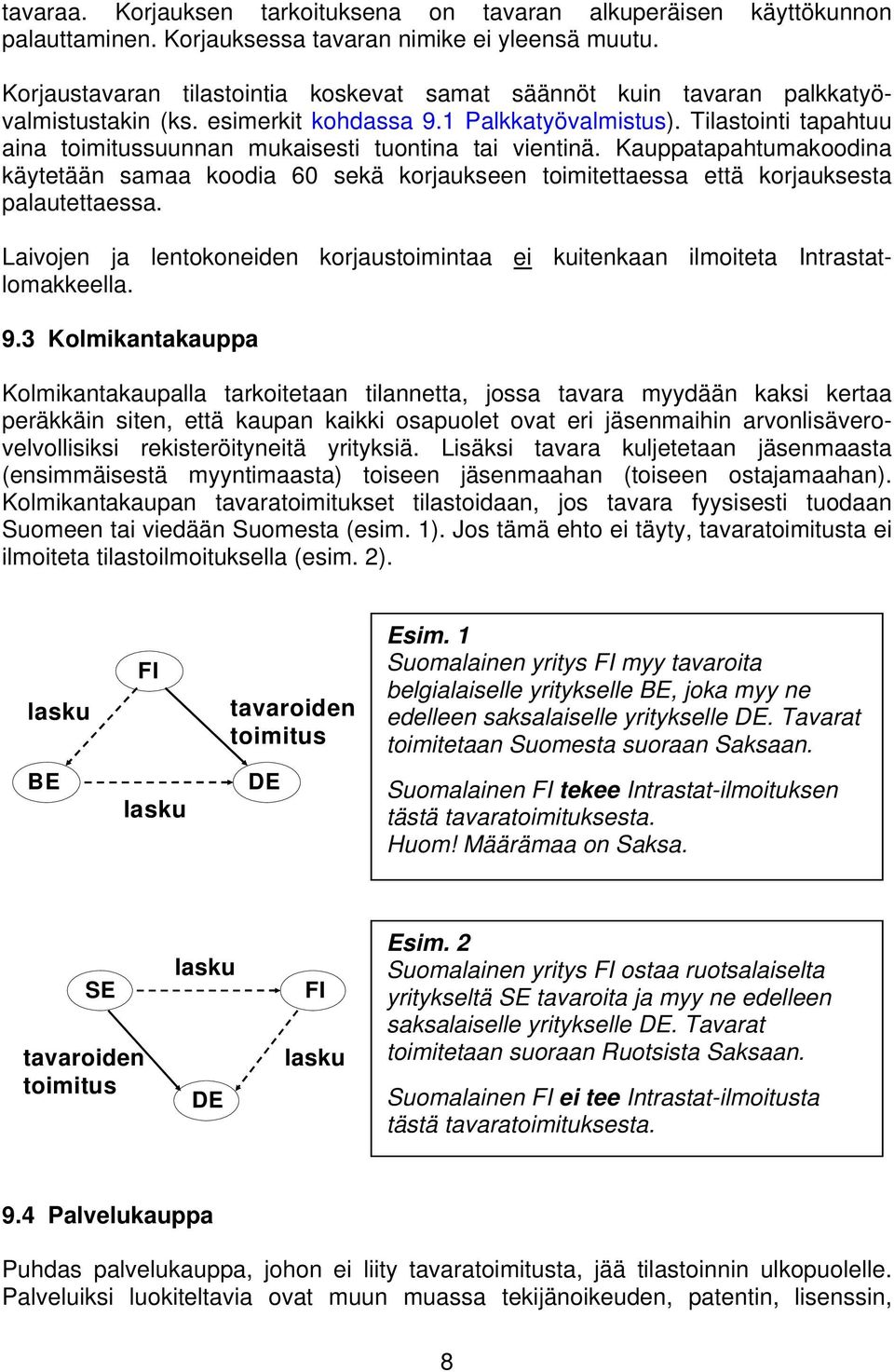 Tilastointi tapahtuu aina toimitussuunnan mukaisesti tuontina tai vientinä. Kauppatapahtumakoodina käytetään samaa koodia 60 sekä korjaukseen toimitettaessa että korjauksesta palautettaessa.