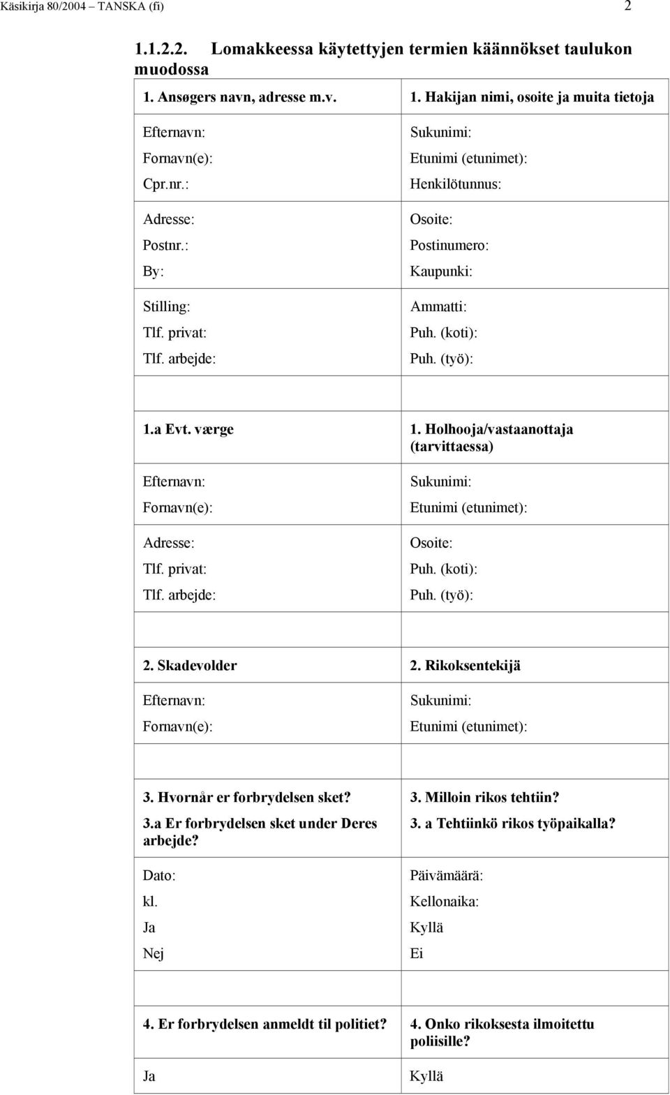 Holhooja/vastaanottaja (tarvittaessa) Efternavn: Fornavn(e): Adresse: Tlf. privat: Tlf. arbejde: Sukunimi: Etunimi (etunimet): Osoite: Puh. (koti): Puh. (työ): 2. Skadevolder 2.