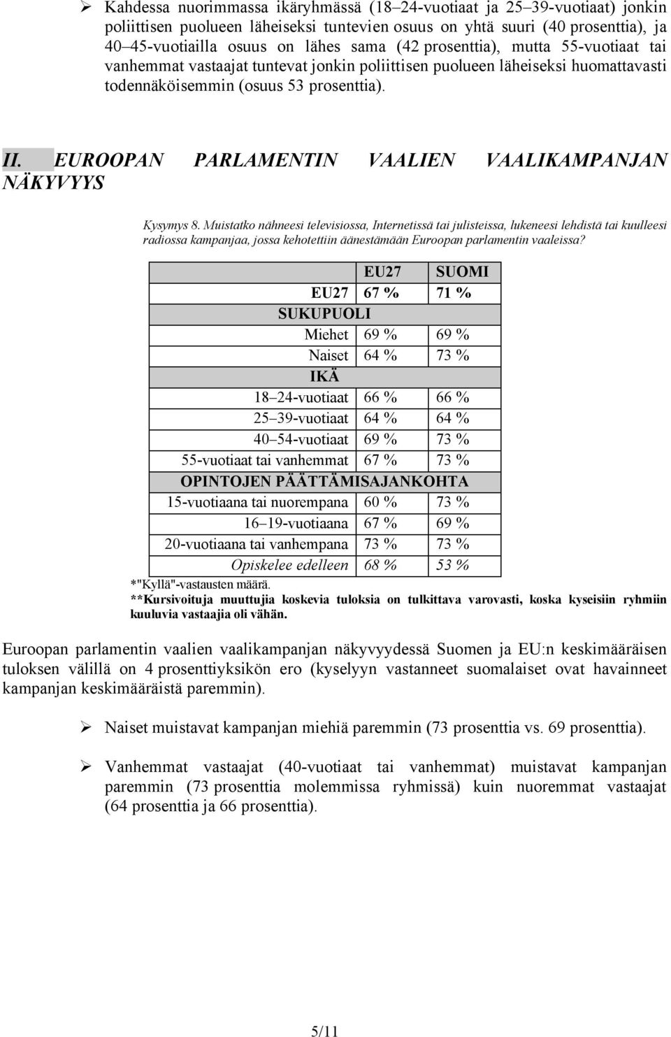 EUROOPAN PARLAMENTIN VAALIEN VAALIKAMPANJAN NÄKYVYYS Kysymys 8.