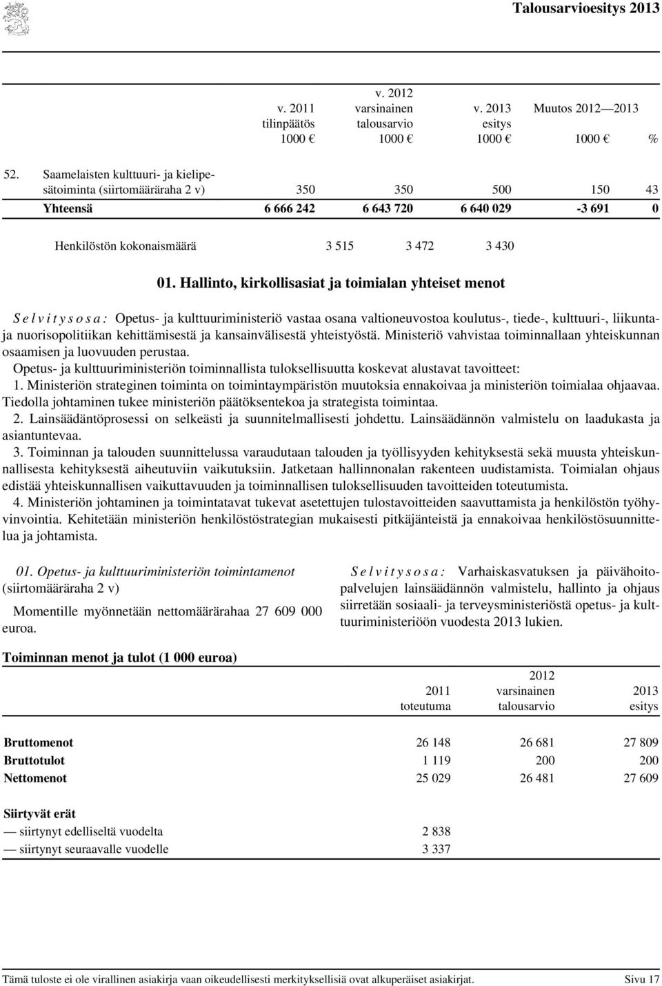 Hallinto, kirkollisasiat ja toimialan yhteiset menot S e l v i t y s o s a : Opetus- ja kulttuuriministeriö vastaa osana valtioneuvostoa koulutus-, tiede-, kulttuuri-, liikuntaja nuorisopolitiikan