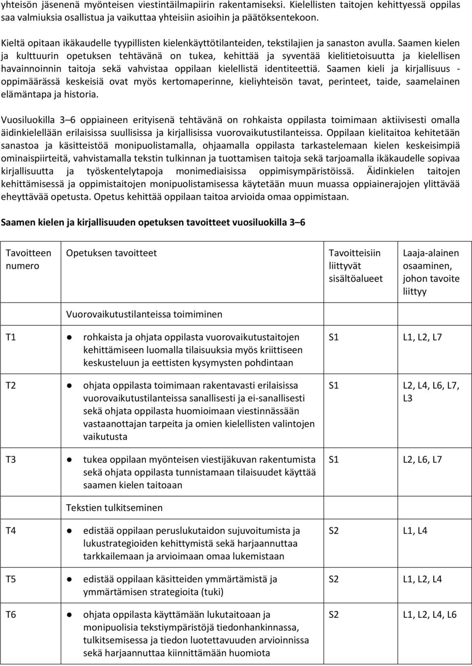 Saamen kielen ja kulttuurin opetuksen tehtävänä on tukea, kehittää ja syventää kielitietoisuutta ja kielellisen havainnoinnin taitoja sekä vahvistaa oppilaan kielellistä identiteettiä.