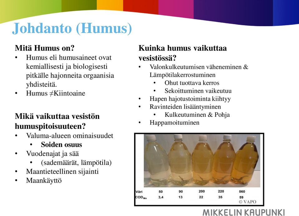 Valuma-alueen ominaisuudet Soiden osuus Vuodenajat ja sää (sademäärät, lämpötila) Maantieteellinen sijainti Maankäyttö Kuinka humus