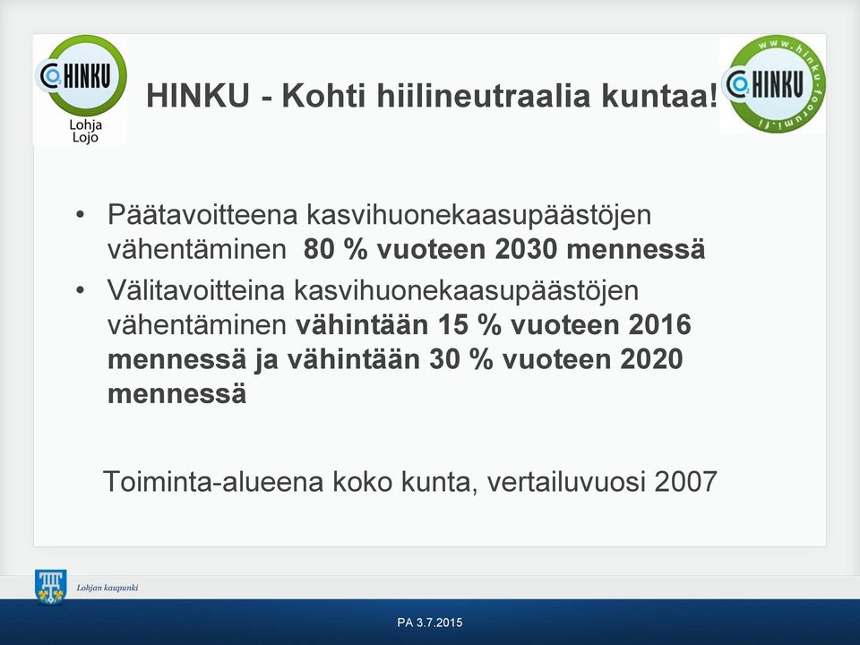 mennessä Välitavoitteina kasvihuonekaasupäästöjen vähentäminen vähintään