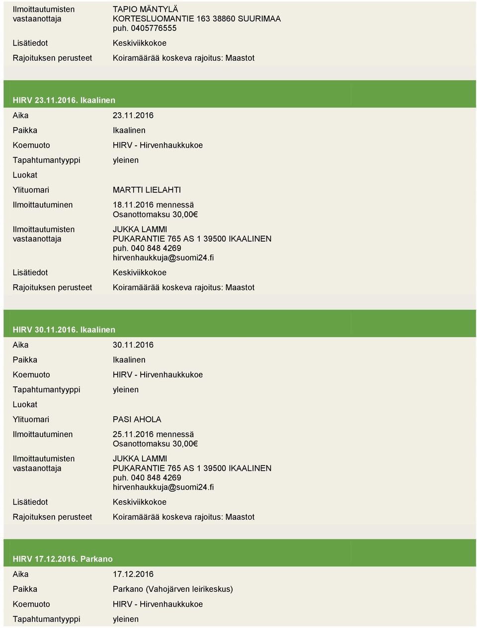 11.2016. Aika 30.11.2016 PASI AHOLA 25.11.2016 mennessä HIRV 17.12.