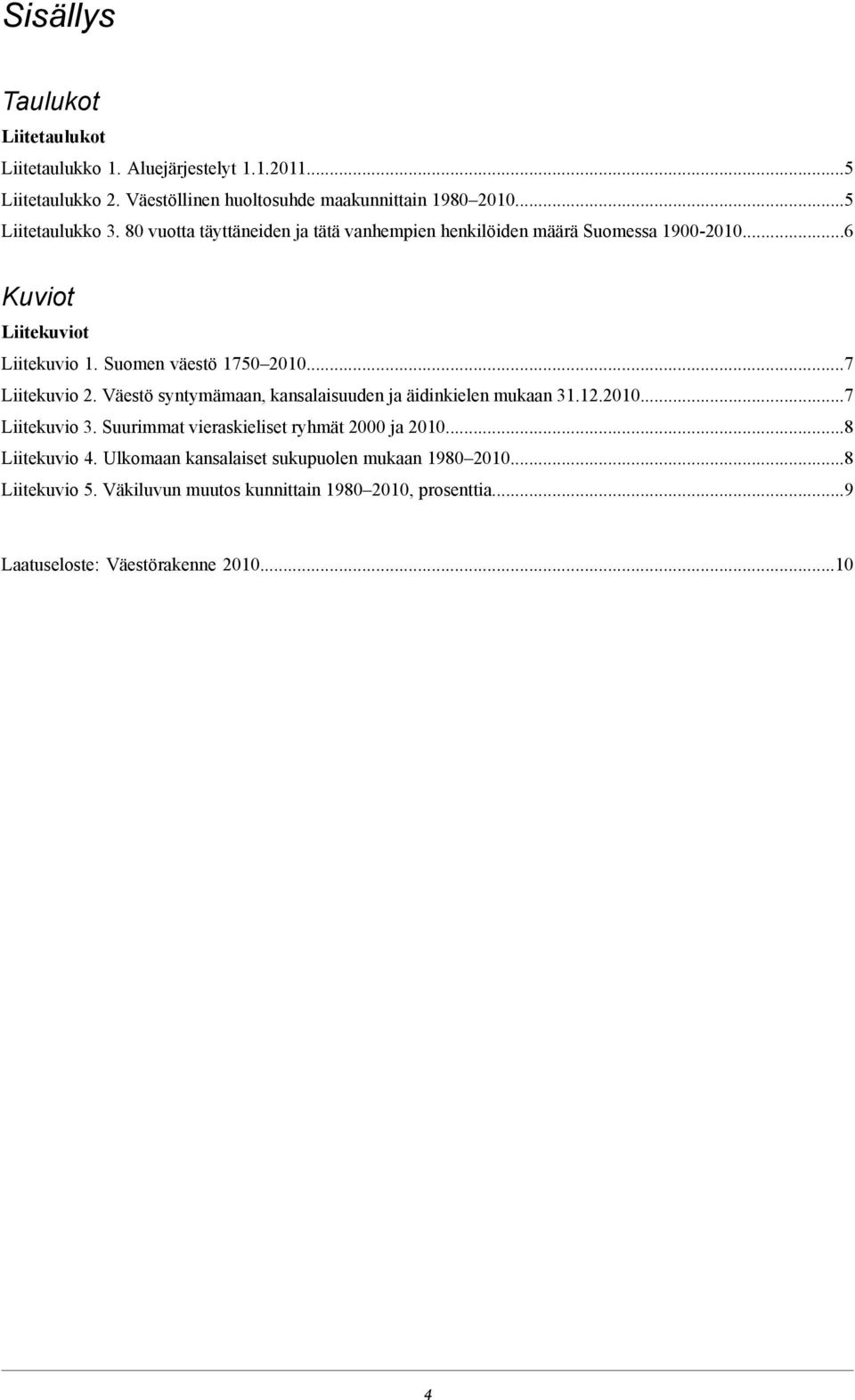 Suomen väestö 1750 2010...7 Liitekuvio 2. Väestö syntymämaan, kansalaisuuden ja äidinkielen mukaan 31.12.2010...7 Liitekuvio 3.