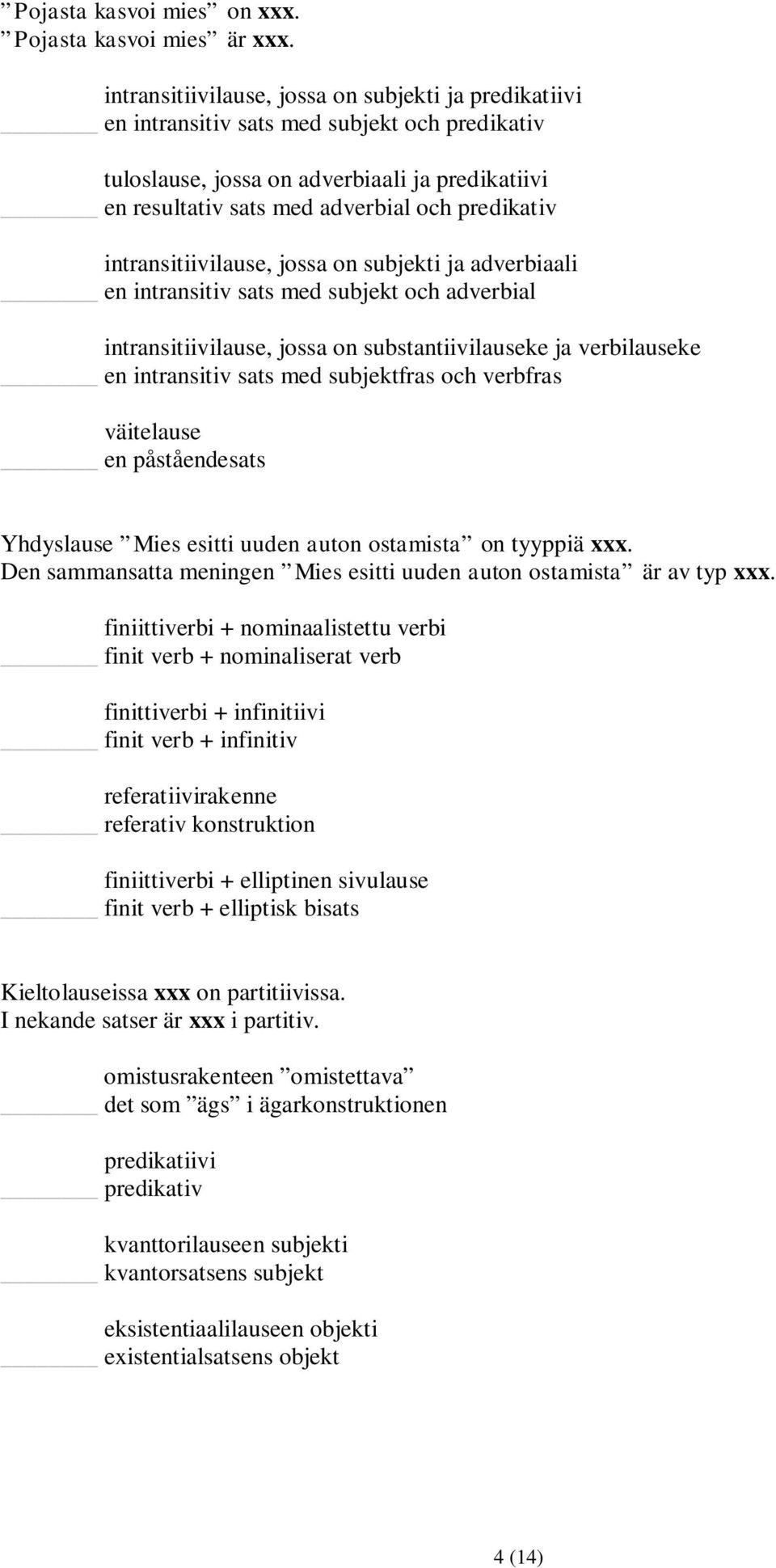 intransitiivilause, jossa on subjekti ja adverbiaali en intransitiv sats med subjekt och adverbial intransitiivilause, jossa on substantiivilauseke ja verbilauseke en intransitiv sats med subjektfras