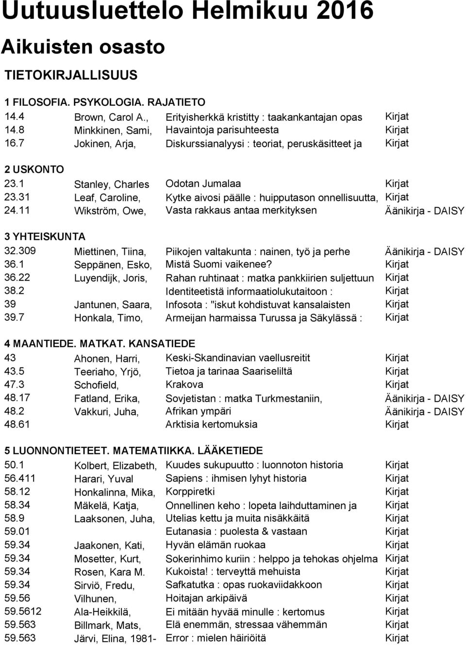 31 Leaf, Caroline, Kytke aivosi päälle : huipputason onnellisuutta, Kirjat 24.11 Wikström, Owe, Vasta rakkaus antaa merkityksen Äänikirja - DAISY 3 YHTEISKUNTA 32.