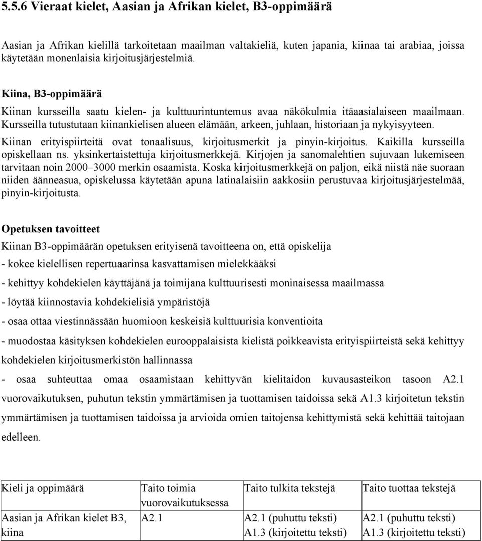 Kursseilla tutustutaan kiinankielisen alueen elämään, arkeen, juhlaan, historiaan ja nykyisyyteen. Kiinan erityispiirteitä ovat tonaalisuus, kirjoitusmerkit ja pinyin-kirjoitus.