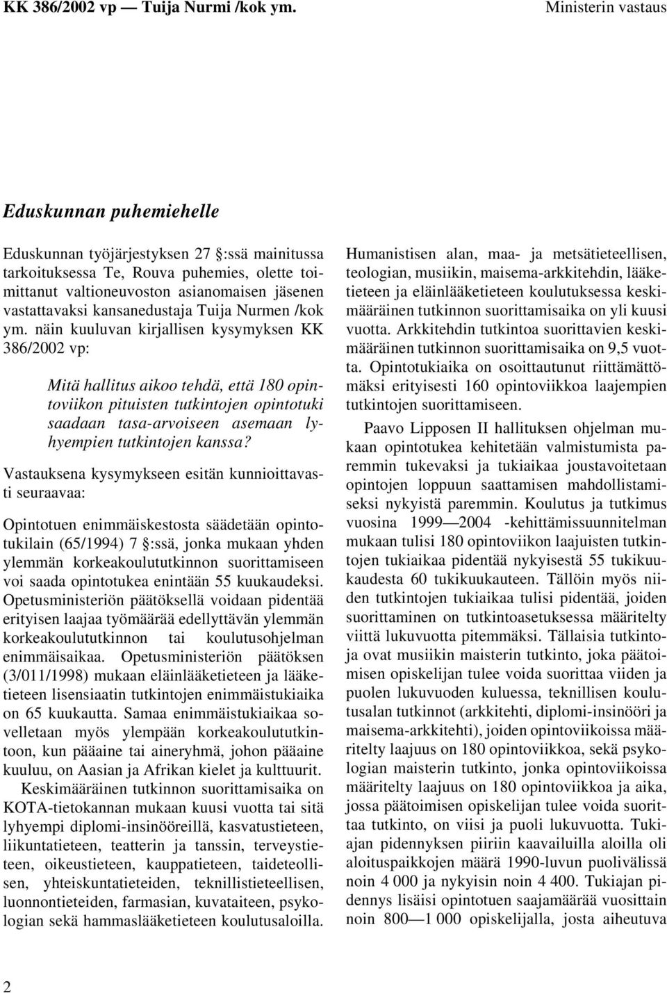 näin kuuluvan kirjallisen kysymyksen KK 386/2002 vp: Mitä hallitus aikoo tehdä, että 180 opintoviikon pituisten tutkintojen opintotuki saadaan tasa-arvoiseen asemaan lyhyempien tutkintojen kanssa?