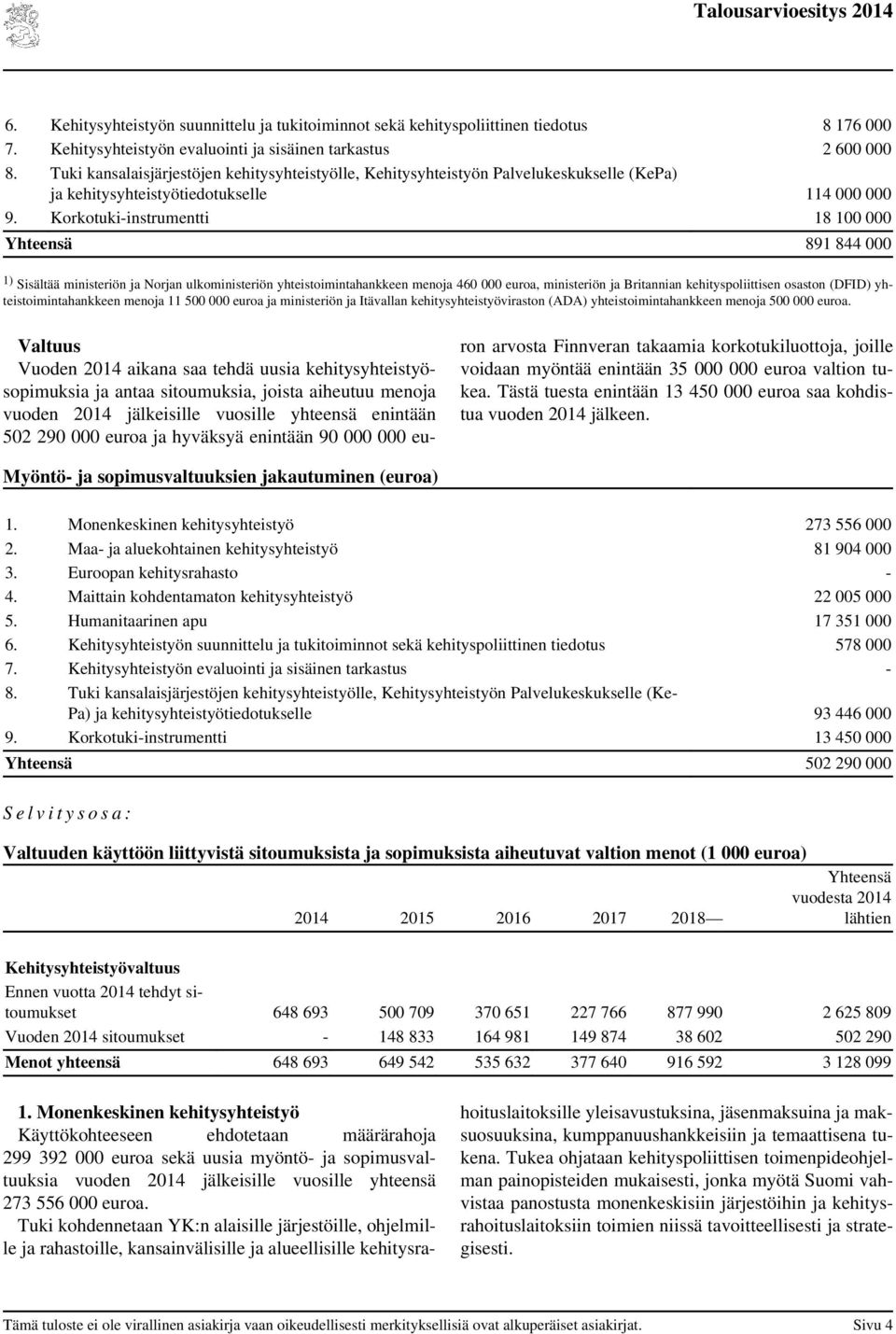 Korkotuki-instrumentti 18 100 000 Yhteensä 891 844 000 1) Sisältää ministeriön ja Norjan ulkoministeriön yhteistoimintahankkeen menoja 460 000 euroa, ministeriön ja Britannian kehityspoliittisen