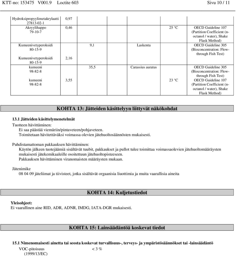 (Bioconcentration: Flowthrough Fish Test) 2,16 35,5 Carassius auratus OECD Guideline 305 (Bioconcentration: Flowthrough Fish Test) 3,55 23 C OECD Guideline 107 (Partition Coefficient (noctanol /