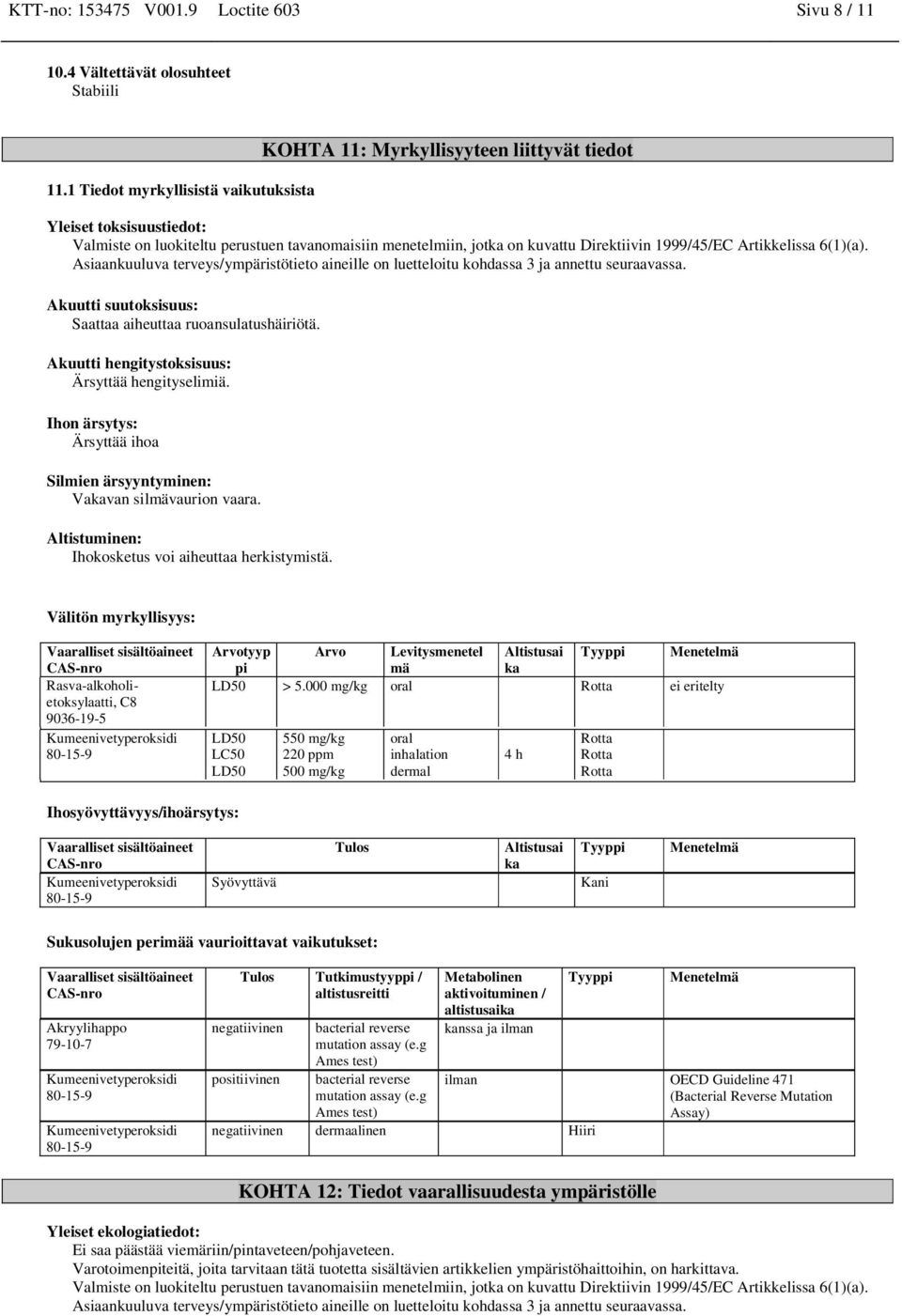 1999/45/EC Artikkelissa 6(1)(a). Asiaankuuluva terveys/ympäristötieto aineille on luetteloitu kohdassa 3 ja annettu seuraavassa. Akuutti suutoksisuus: Saattaa aiheuttaa ruoansulatushäiriötä.