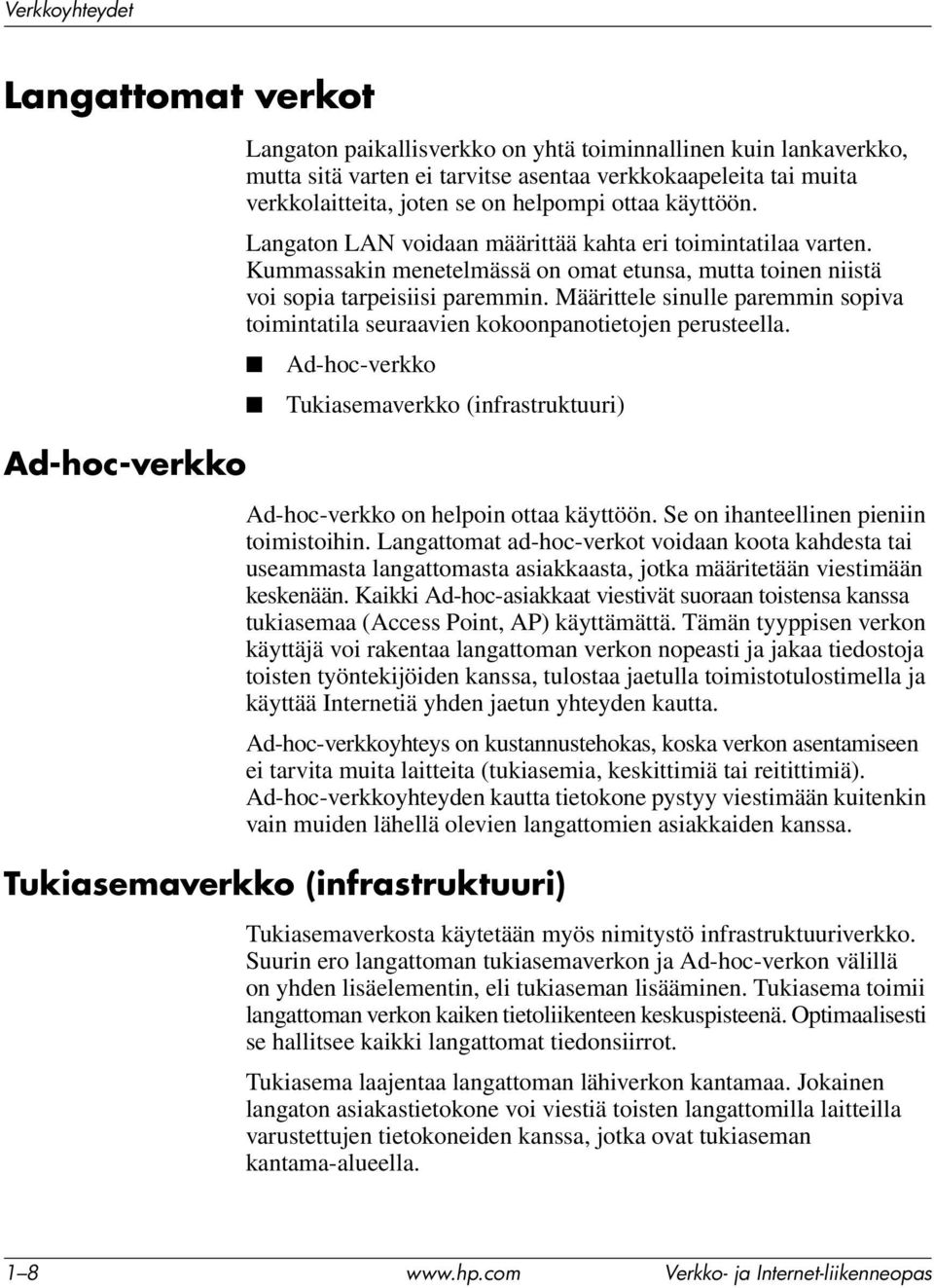 Määrittele sinulle paremmin sopiva toimintatila seuraavien kokoonpanotietojen perusteella. Ad-hoc-verkko Tukiasemaverkko (infrastruktuuri) Ad-hoc-verkko on helpoin ottaa käyttöön.