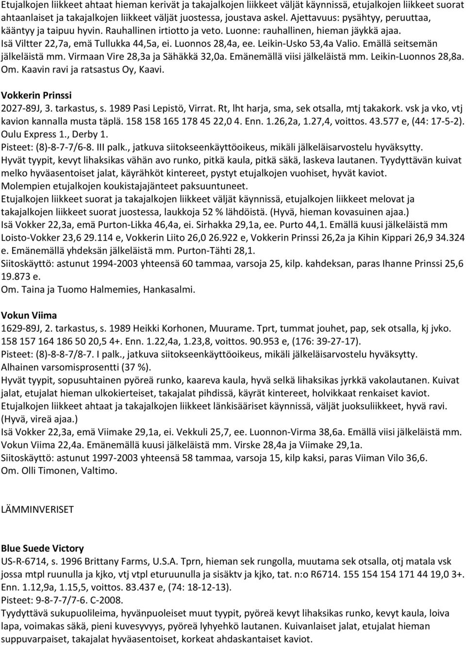 Leikin Usko 53,4a Valio. Emällä seitsemän jälkeläistä mm. Virmaan Vire 28,3a ja Sähäkkä 32,0a. Emänemällä viisi jälkeläistä mm. Leikin Luonnos 28,8a. Om. Kaavin ravi ja ratsastus Oy, Kaavi.