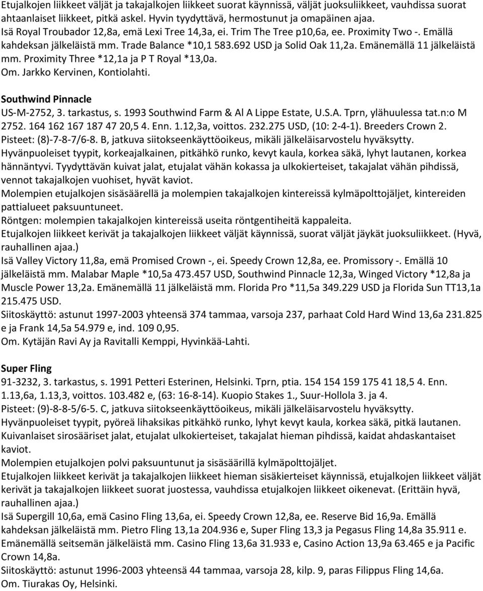 Emänemällä 11 jälkeläistä mm. Proximity Three *12,1a ja P T Royal *13,0a. Om. Jarkko Kervinen, Kontiolahti. Southwind Pinnacle US M 2752, 3. tarkastus, s. 1993 Southwind Farm & Al