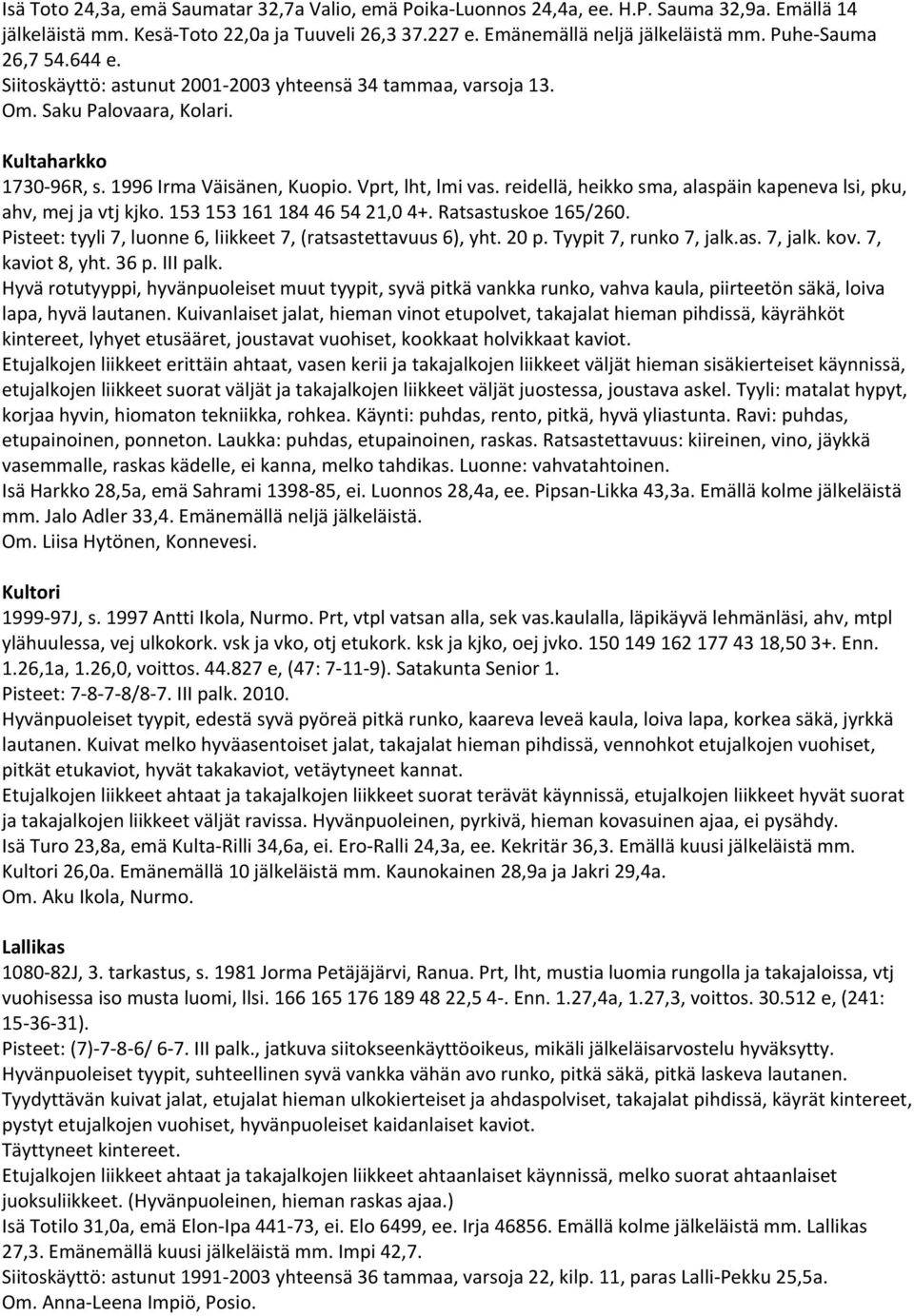 reidellä, heikko sma, alaspäin kapeneva lsi, pku, ahv, mej ja vtj kjko. 153 153 161 184 46 54 21,0 4+. Ratsastuskoe 165/260. Pisteet: tyyli 7, luonne 6, liikkeet 7, (ratsastettavuus 6), yht. 20 p.