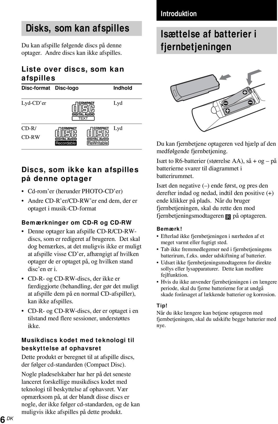 Cd-rom er (herunder PHOTO-CD er) Andre CD-R er/cd-rw er end dem, der er optaget i musik-cd-format Bemærkninger om CD-R og CD-RW Denne optager kan afspille CD-R/CD-RWdiscs, som er redigeret af