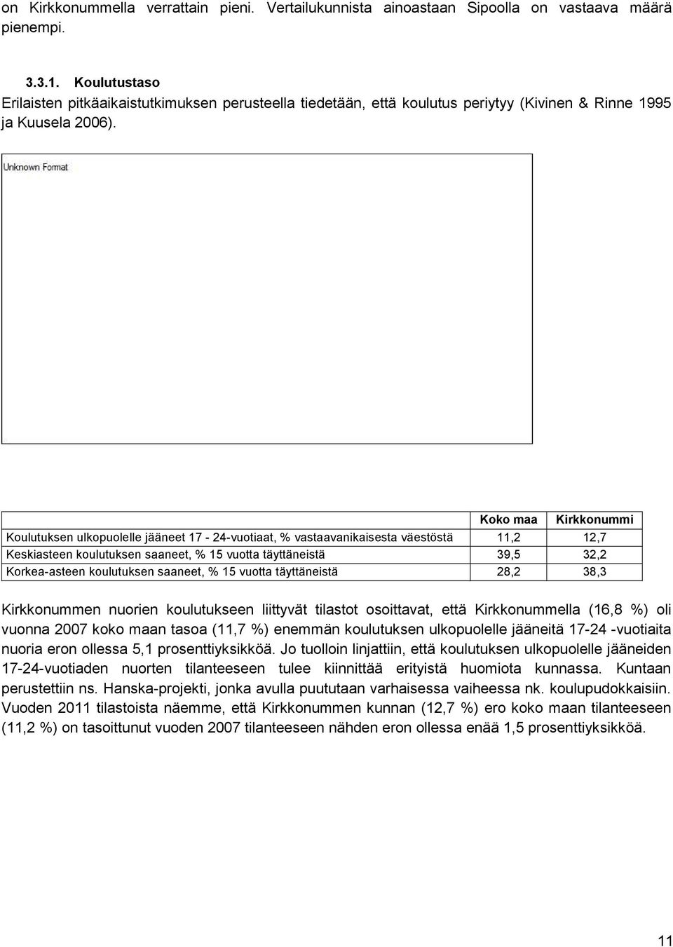 Koko maa Kirkkonummi Koulutuksen ulkopuolelle jääneet 17-24-vuotiaat, % vastaavanikaisesta väestöstä 11,2 12,7 Keskiasteen koulutuksen saaneet, % 15 vuotta täyttäneistä 39,5 32,2 Korkea-asteen