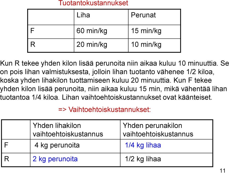 Kun F tekee yhden kilon lisää perunoita, niin aikaa kuluu 15 min, mikä vähentää lihan tuotantoa 1/4 kiloa.