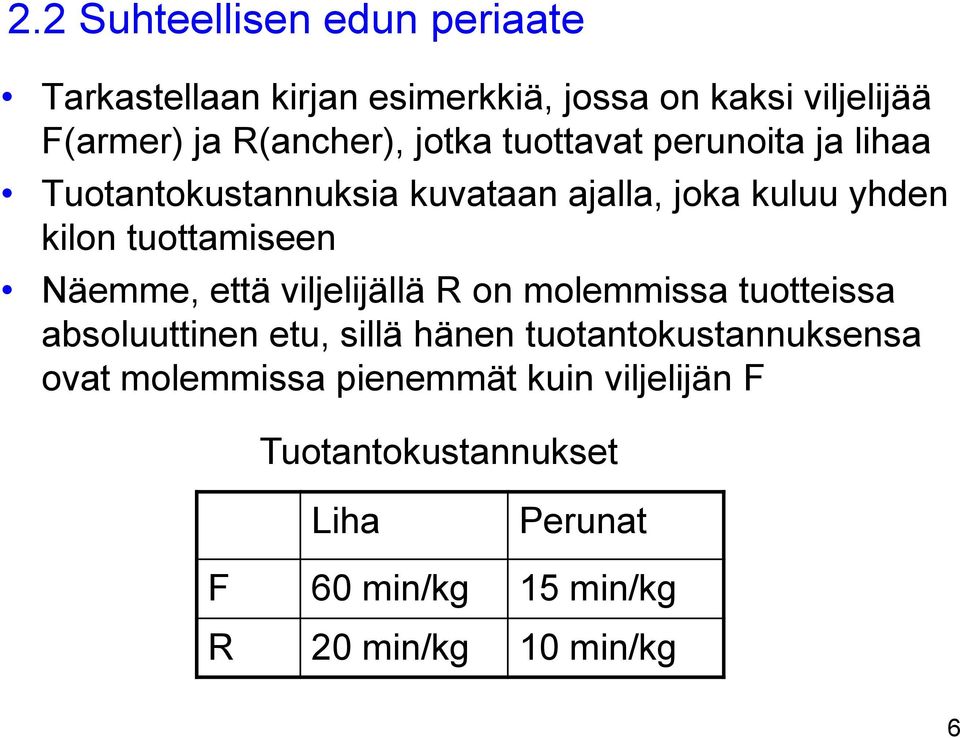 Näemme, että viljelijällä R on molemmissa tuotteissa absoluuttinen etu, sillä hänen tuotantokustannuksensa ovat