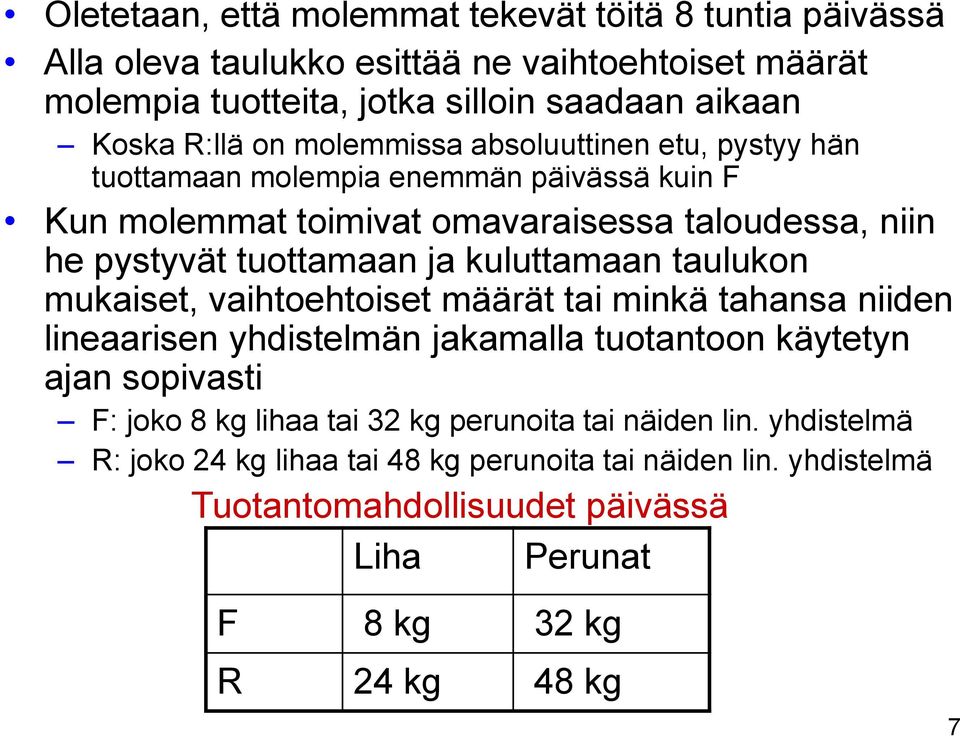 kuluttamaan taulukon mukaiset, vaihtoehtoiset määrät tai minkä tahansa niiden lineaarisen yhdistelmän jakamalla tuotantoon käytetyn ajan sopivasti F: joko 8 kg lihaa tai 32