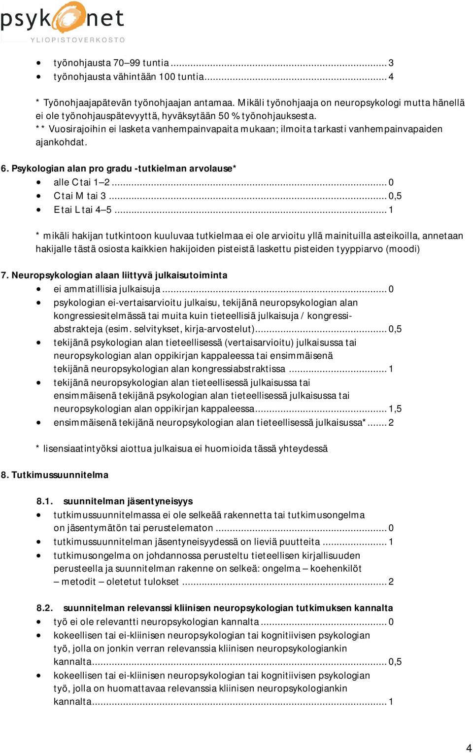 ** Vuosirajoihin ei lasketa vanhempainvapaita mukaan; ilmoita tarkasti vanhempainvapaiden ajankohdat. 6. Psykologian alan pro gradu -tutkielman arvolause* alle C tai 1 2... 0 C tai M tai 3.