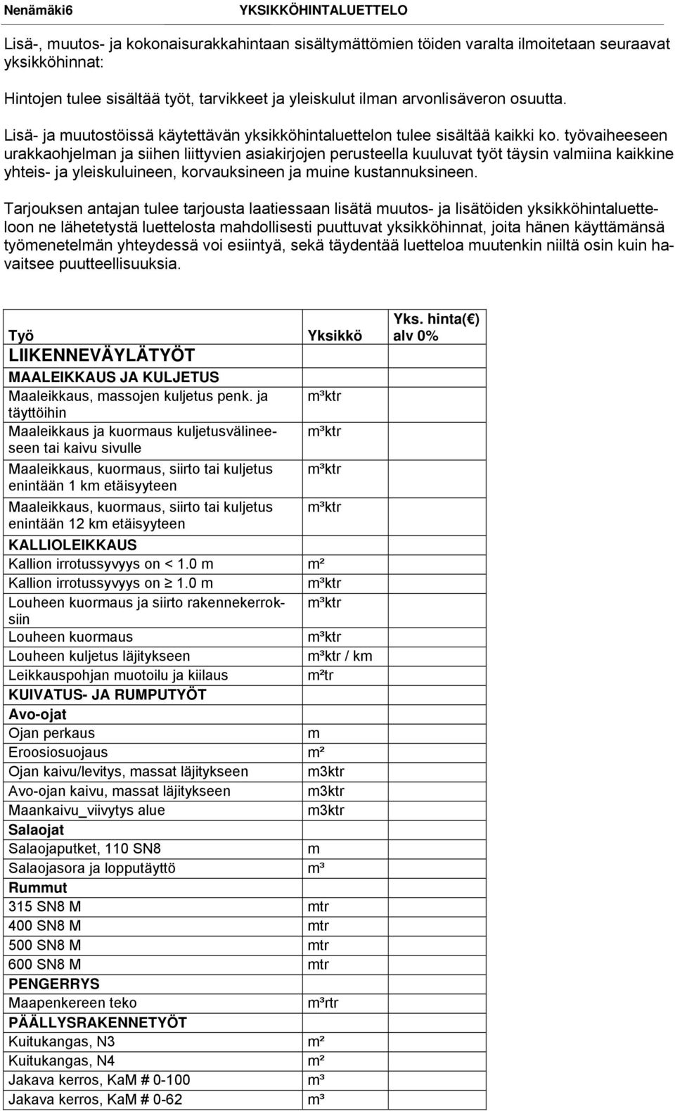 työvaiheeseen urakkaohjelman ja siihen liittyvien asiakirjojen perusteella kuuluvat työt täysin valmiina kaikkine yhteis- ja yleiskuluineen, korvauksineen ja muine kustannuksineen.