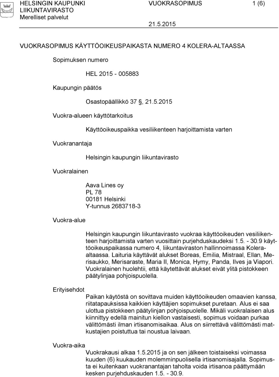 Helsingin kaupungin liikuntavirasto vuokraa käyttöoikeuden vesiliikenteen harjoittamista varten vuosittain purjehduskaudeksi 1.5. - 30.