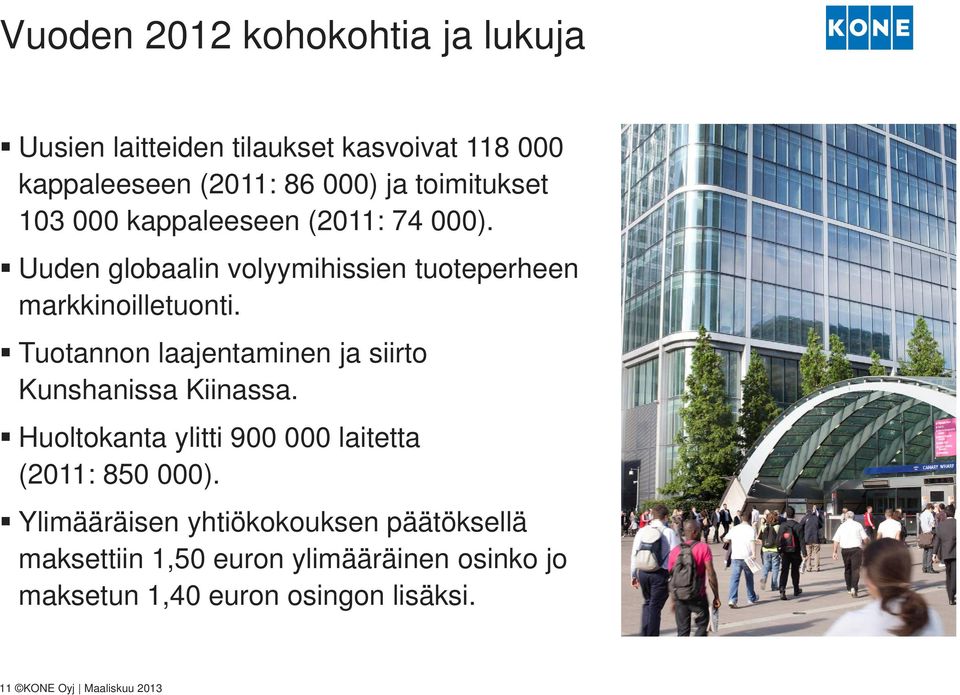 Tuotannon laajentaminen ja siirto Kunshanissa Kiinassa. Huoltokanta ylitti 900 000 laitetta (2011: 850 000).