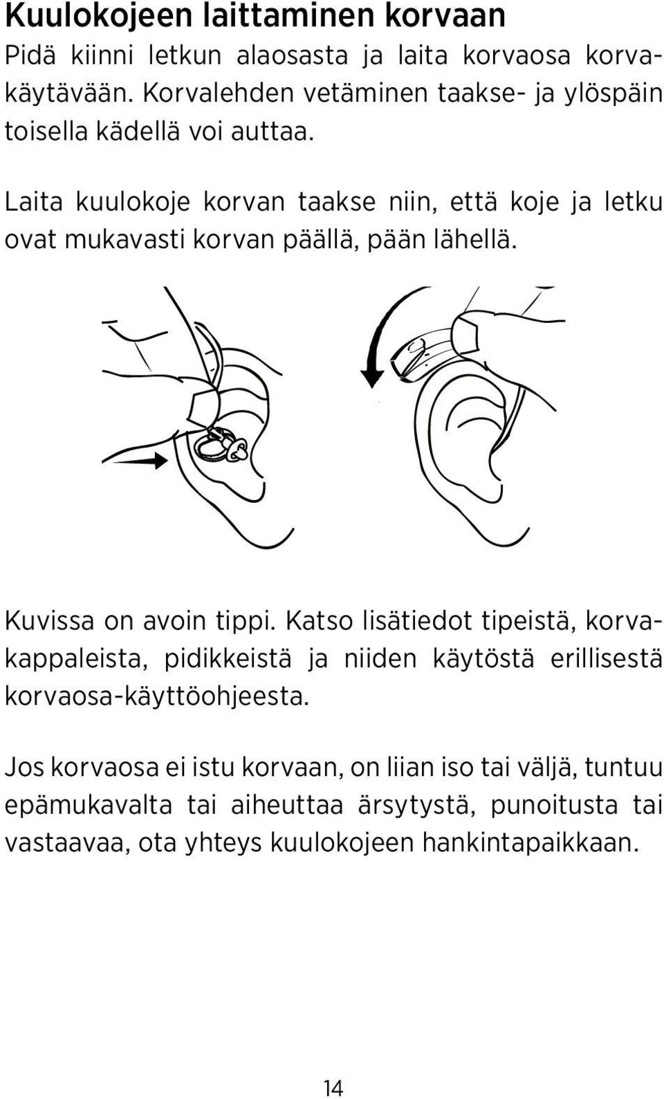 Laita kuulokoje korvan taakse niin, että koje ja letku ovat mukavasti korvan päällä, pään lähellä. Kuvissa on avoin tippi.