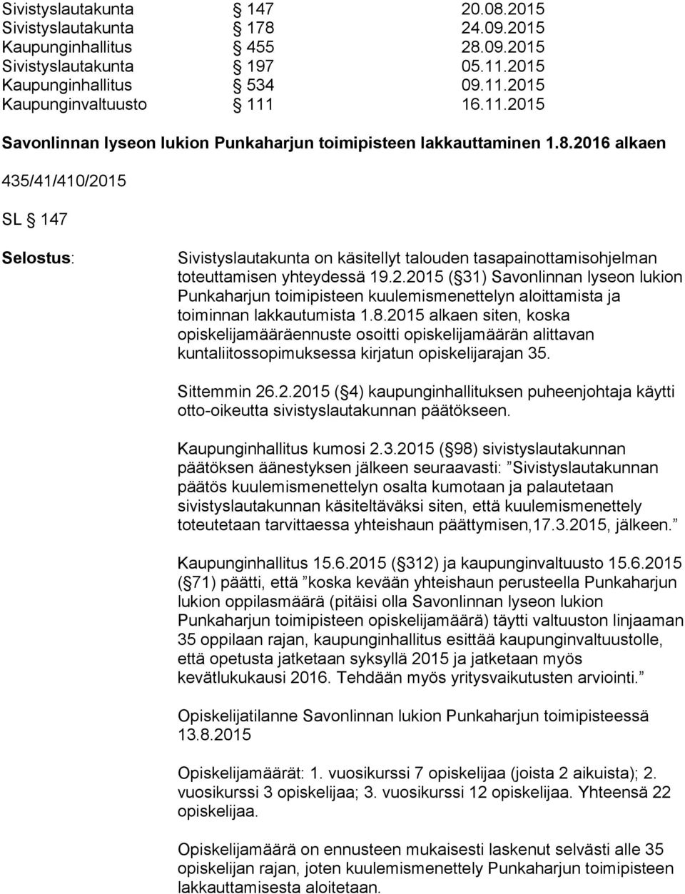 2016 alkaen 435/41/410/2015 SL 147 Selostus: Sivistyslautakunta on käsitellyt talouden tasapainottamisohjelman toteuttamisen yhteydessä 19.2.2015 ( 31) Savonlinnan lyseon lukion Punkaharjun toimipisteen kuulemismenettelyn aloittamista ja toiminnan lakkautumista 1.