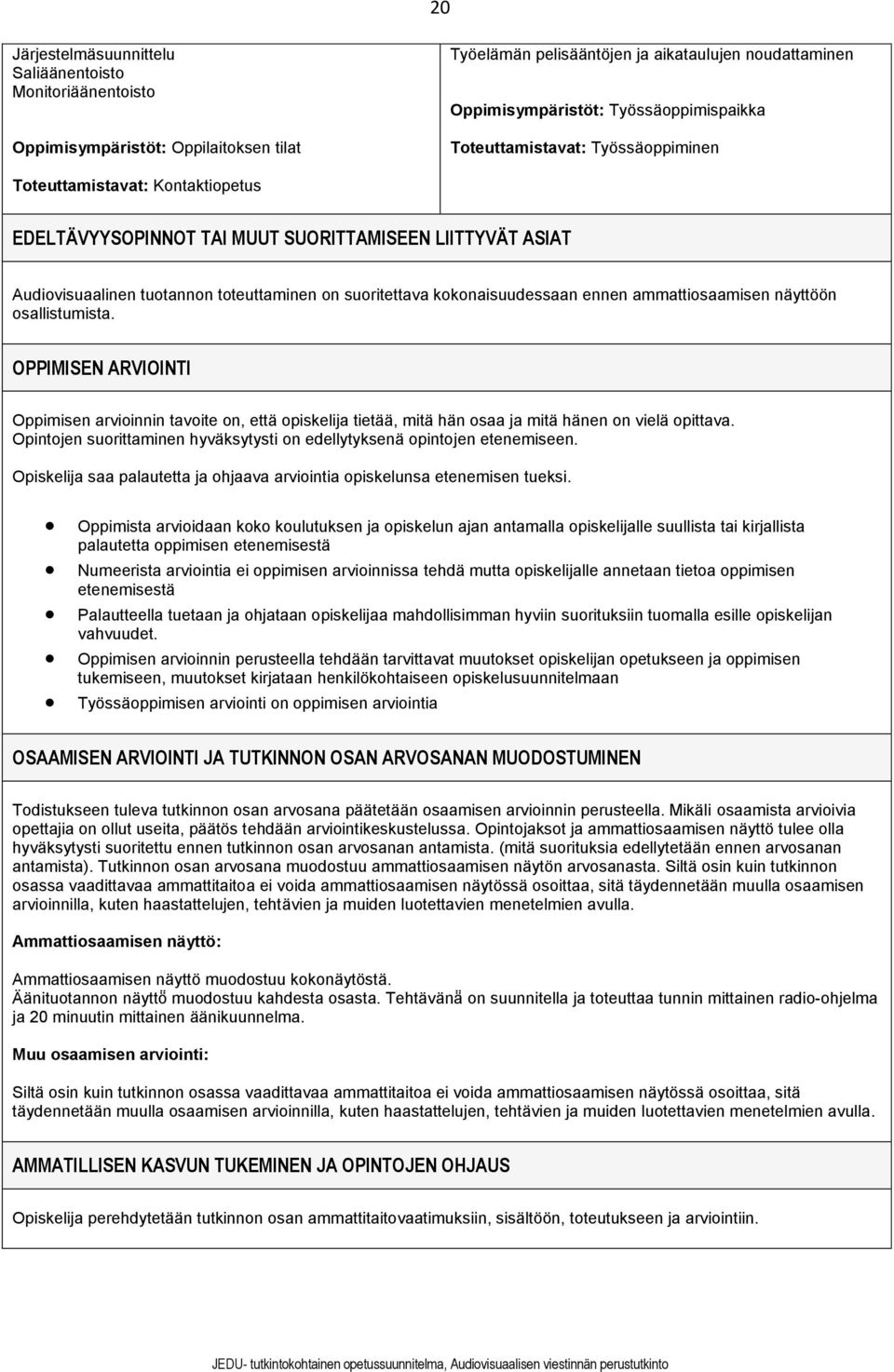 kokonaisuudessaan ennen ammattiosaamisen näyttöön osallistumista. OPPIMISEN ARVIOINTI Oppimisen arvioinnin tavoite on, että opiskelija tietää, mitä hän osaa ja mitä hänen on vielä opittava.