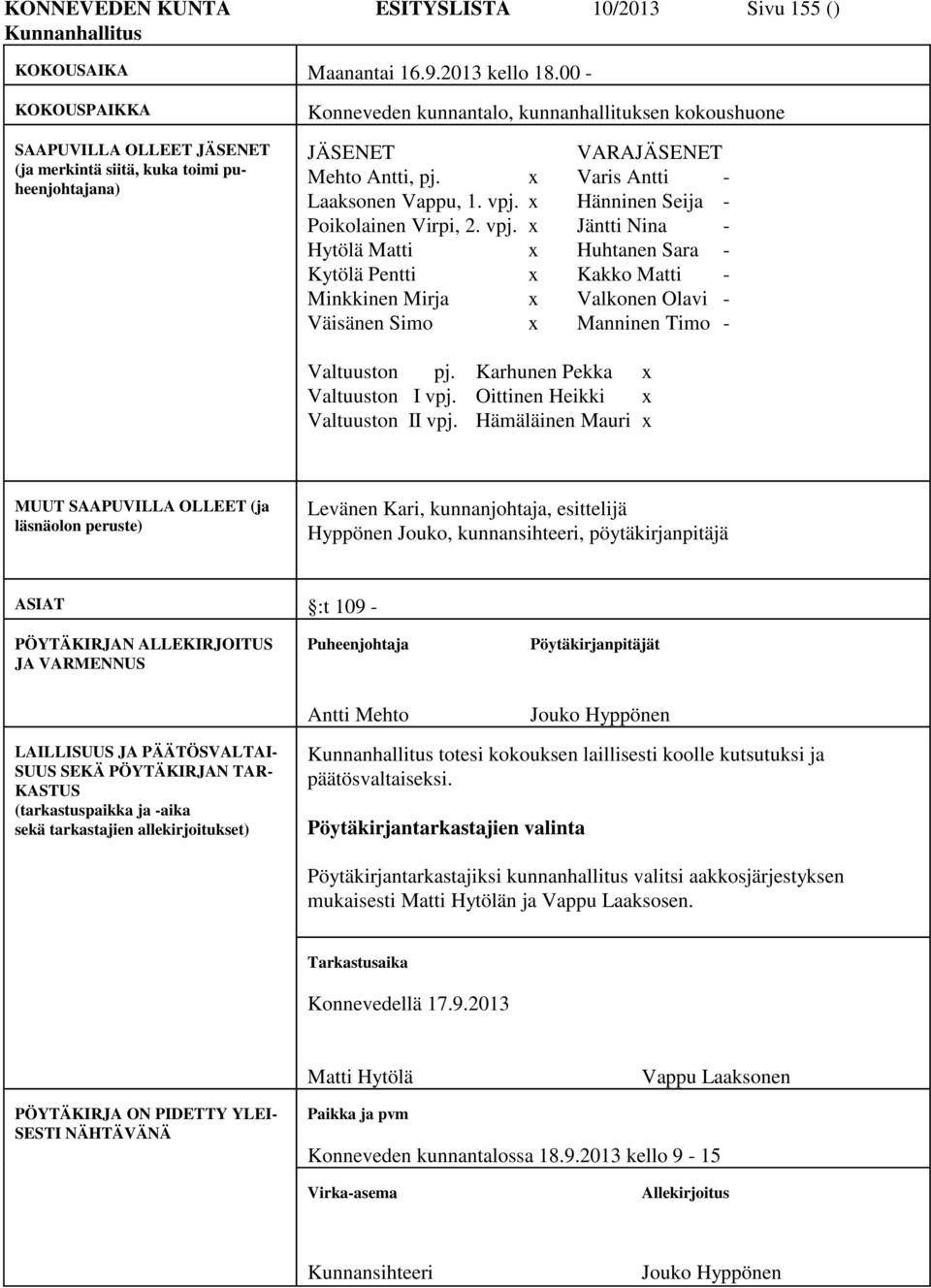 x Varis Antti - Laaksonen Vappu, 1. vpj. x Hänninen Seija - Poikolainen Virpi, 2. vpj. x Jäntti Nina - Hytölä Matti x Huhtanen Sara - Kytölä Pentti x Kakko Matti - Minkkinen Mirja x Valkonen Olavi - Väisänen Simo x Manninen Timo - Valtuuston pj.