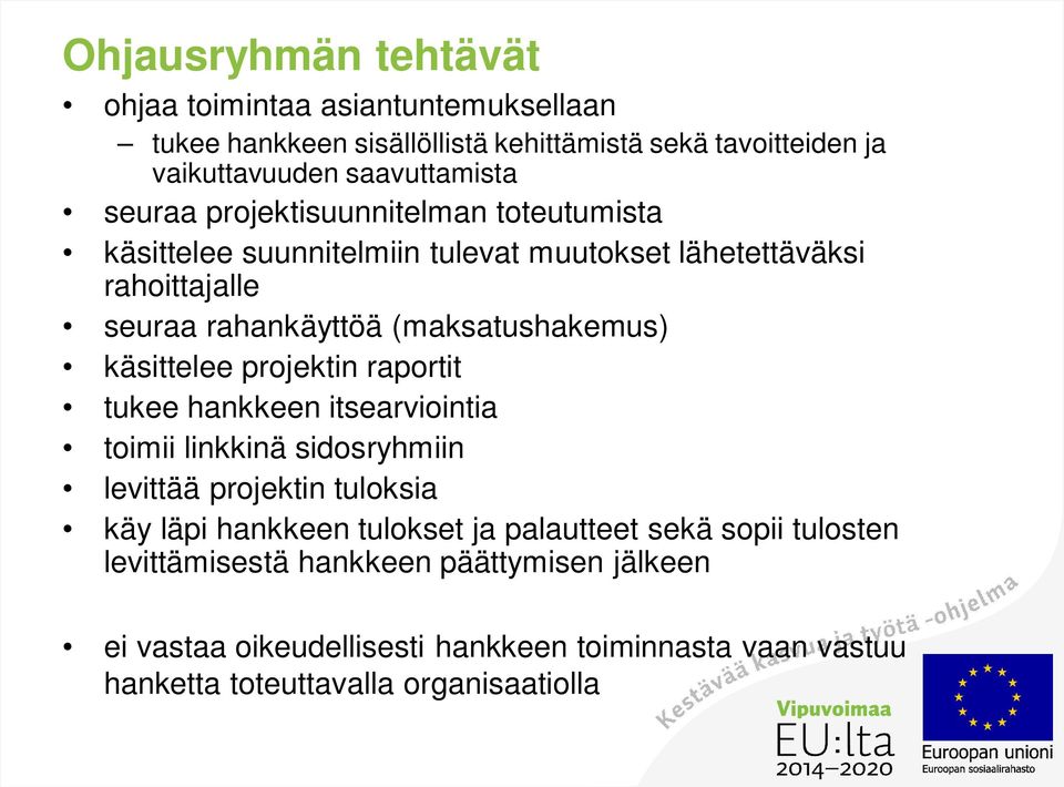 käsittelee projektin raportit tukee hankkeen itsearviointia toimii linkkinä sidosryhmiin levittää projektin tuloksia käy läpi hankkeen tulokset ja