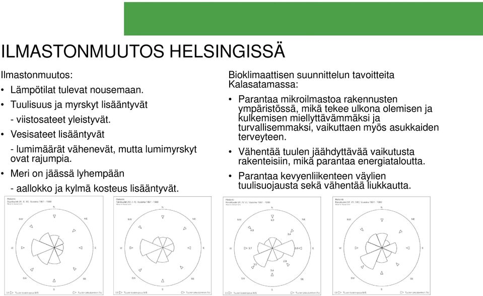 Bioklimaattisen suunnittelun tavoitteita Kalasatamassa: Parantaa mikroilmastoa rakennusten ympäristössä, mikä tekee ulkona olemisen ja kulkemisen miellyttävämmäksi