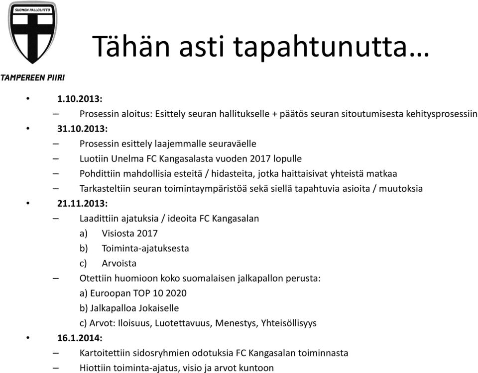 2013: Prosessin esittely laajemmalle seuraväelle Luotiin Unelma FC Kangasalasta vuoden 2017 lopulle Pohdittiin mahdollisia esteitä / hidasteita, jotka haittaisivat yhteistä matkaa Tarkasteltiin