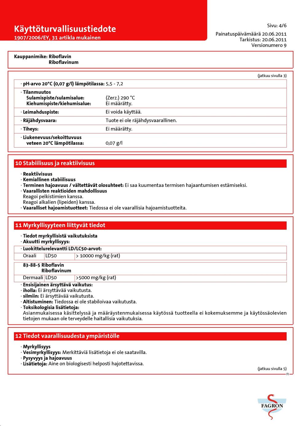 Liukenevuus/sekoittuvuus veteen 20 C lämpötilassa: 0,07 g/l (jatkuu sivulla 3) 10 Stabiilisuus ja reaktiivisuus Reaktiivisuus Kemiallinen stabiilisuus Terminen hajoavuus / vältettävät olosuhteet: Ei