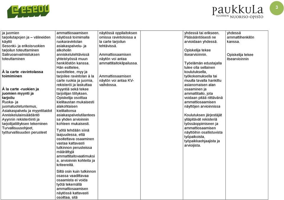 työturvallisuuden perusteet näytössä toimimalla ruokaravintolan asiakaspalvelu- ja alkoholin anniskelutehtävissä yhteistyössä muun henkilöstön kanssa.