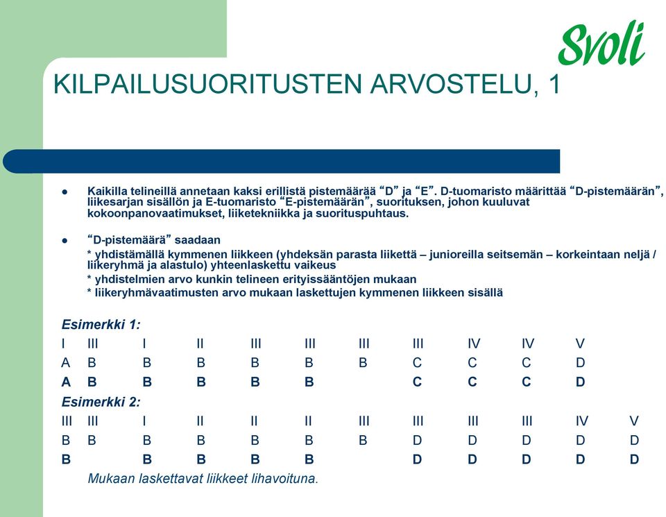 D-pistemäärä saadaan * yhdistämällä kymmenen liikkeen (yhdeksän parasta liikettä junioreilla seitsemän korkeintaan neljä / liikeryhmä ja alastulo) yhteenlaskettu vaikeus * yhdistelmien arvo kunkin