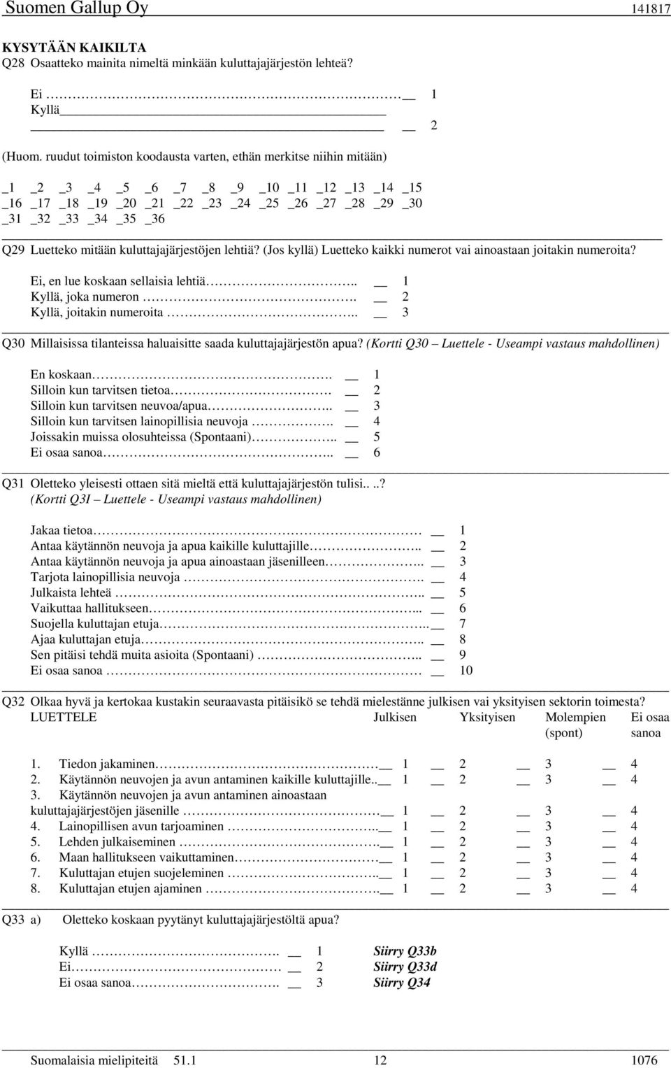 Q29 Luetteko mitään kuluttajajärjestöjen lehtiä? (Jos kyllä) Luetteko kaikki numerot vai ainoastaan joitakin numeroita? Ei, en lue koskaan sellaisia lehtiä.. 1 Kyllä, joka numeron.