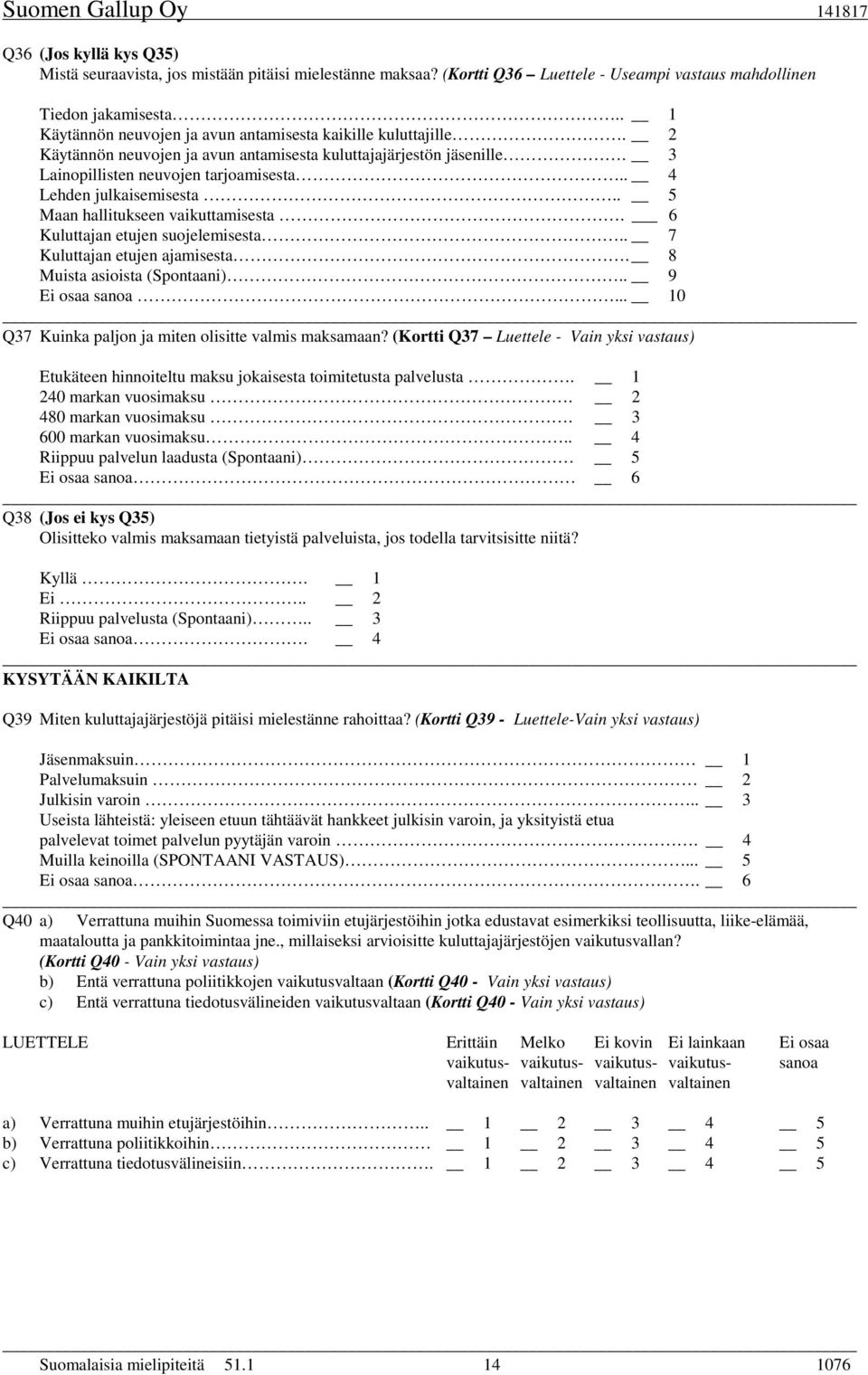 . 4 Lehden julkaisemisesta.. 5 Maan hallitukseen vaikuttamisesta. 6 Kuluttajan etujen suojelemisesta.. 7 Kuluttajan etujen ajamisesta. 8 Muista asioista (Spontaani).. 9 Ei osaa sanoa.