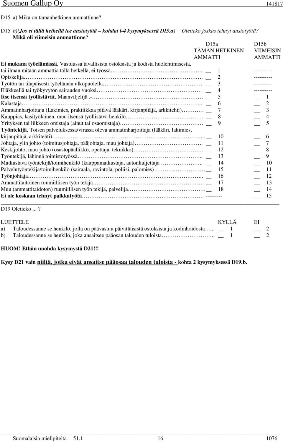 . 1 ---------- Opiskelija. 2 ---------- Työtön tai tilapäisesti työelämän ulkopuolella 3 ---------- Eläkkeellä tai työkyvytön sairauden vuoksi 4 ---------- Itse itsensä työllistävät, Maanviljelijä.