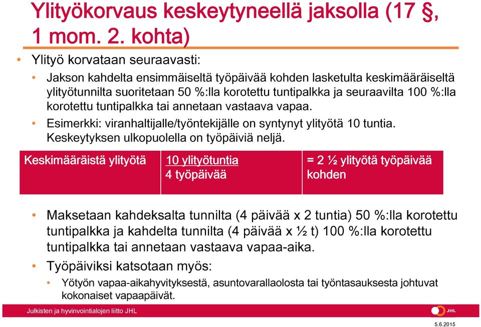 korotettu tuntipalkka tai annetaan vastaava vapaa. Esimerkki: viranhaltijalle/työntekijälle on syntynyt ylityötä 10 tuntia. Keskeytyksen ulkopuolella on työpäiviä neljä.